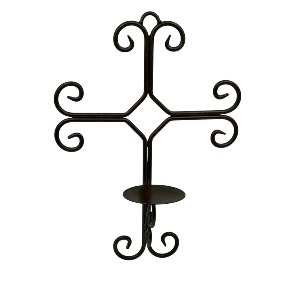Wrought Iron Scrollwork Cross Wall Sconce Pillar Candle Holder Dark Bronze 17in